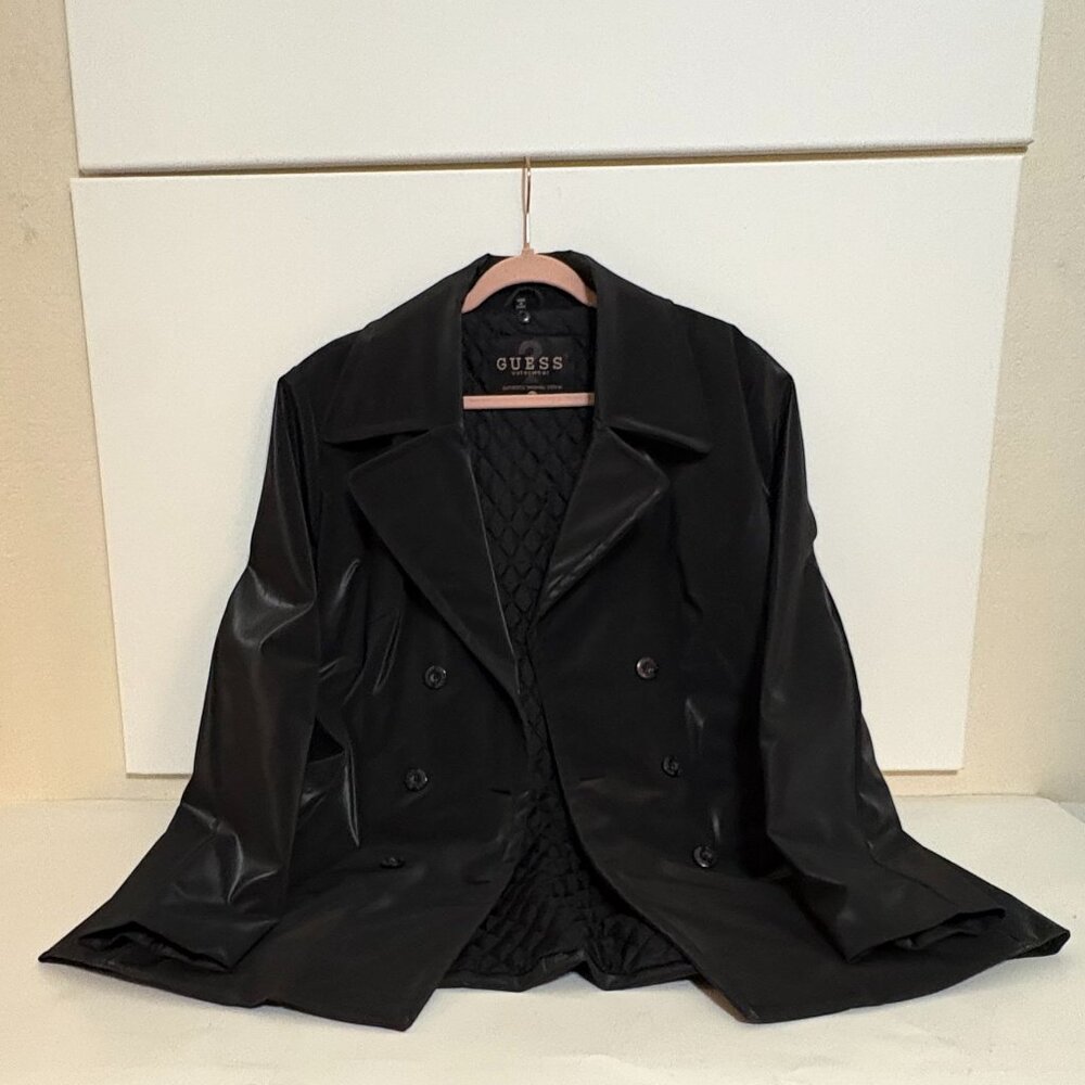 Guess Stylish Black Jacket/Coat Polyvinyl Double Breasted Size (L)
